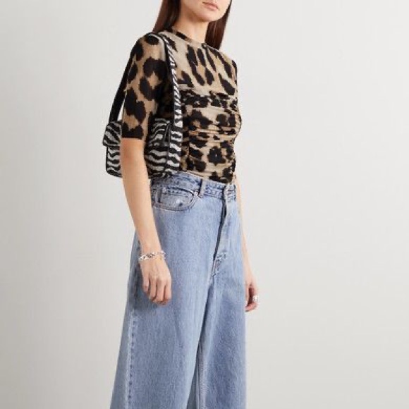 NWT GANNI Ruched Leopard-Print Mesh Top - Picture 2 of 9